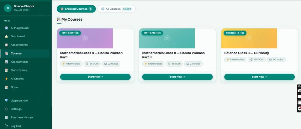 Courses tab in the student dashboard showing enrolled course cards