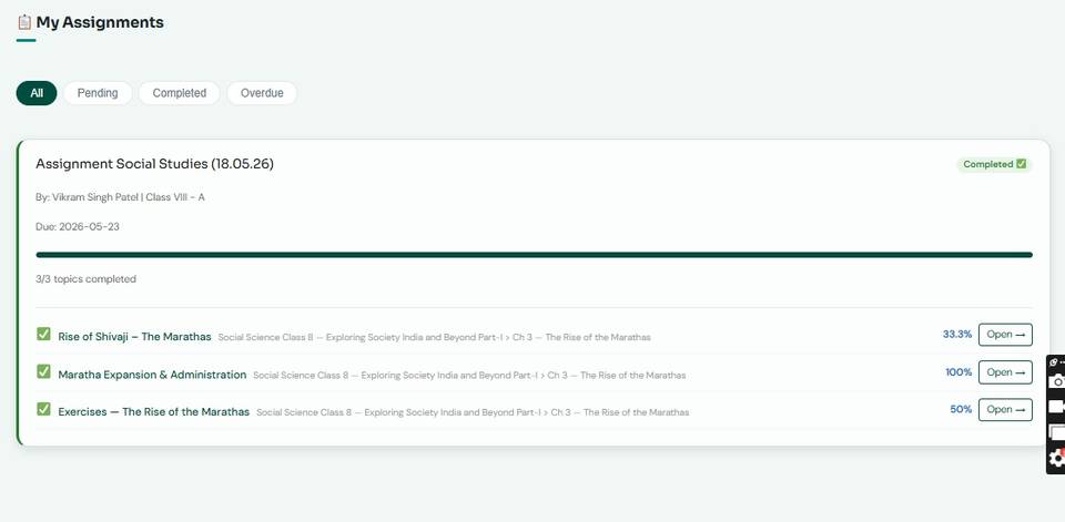My Assignments tab with a completed assignment and its three topics