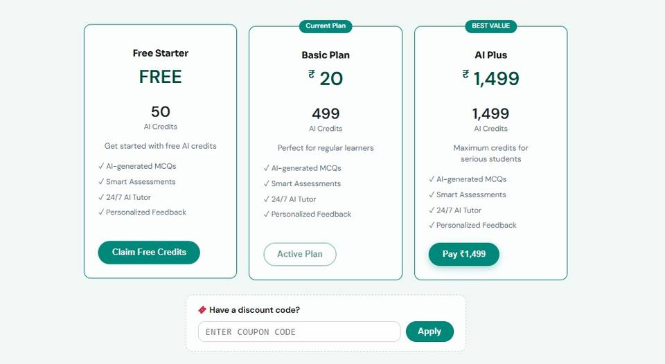 Three plan cards: Free Starter, Basic and AI Plus, with a discount code box