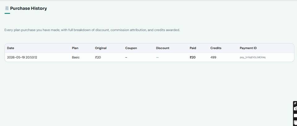 Purchase History table with date, plan, coupon, discount, amount paid and credits