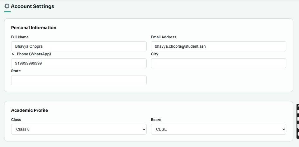 Account Settings with personal information and academic profile fields