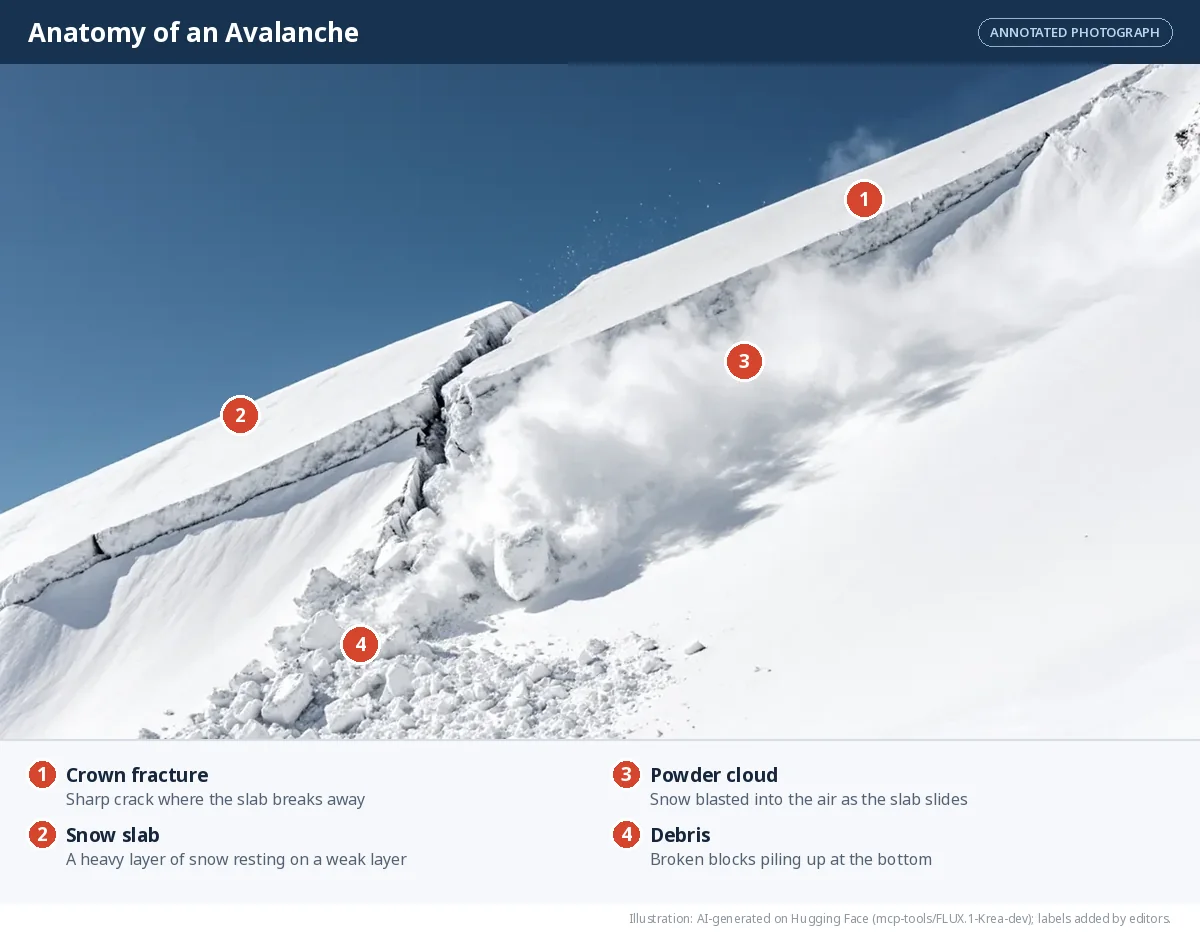 A snowy slope where a thick slab of snow has broken away along a sharp line and is sliding downhill as a powder cloud.