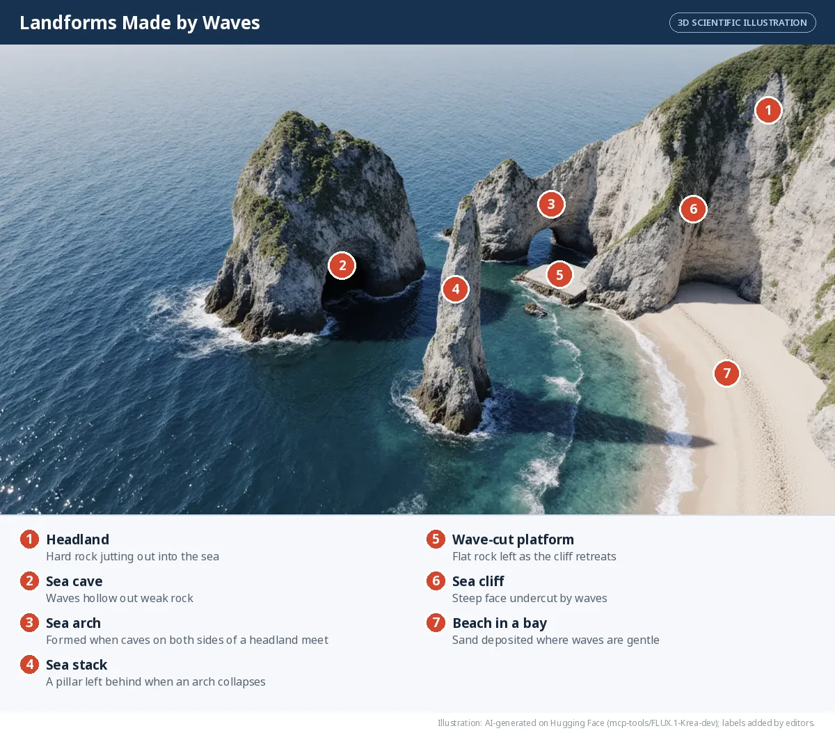 A rocky coast with a headland, a sea cave, an arch, a rock pillar in the sea, a cliff with a flat platform, and a sandy beach in a bay.