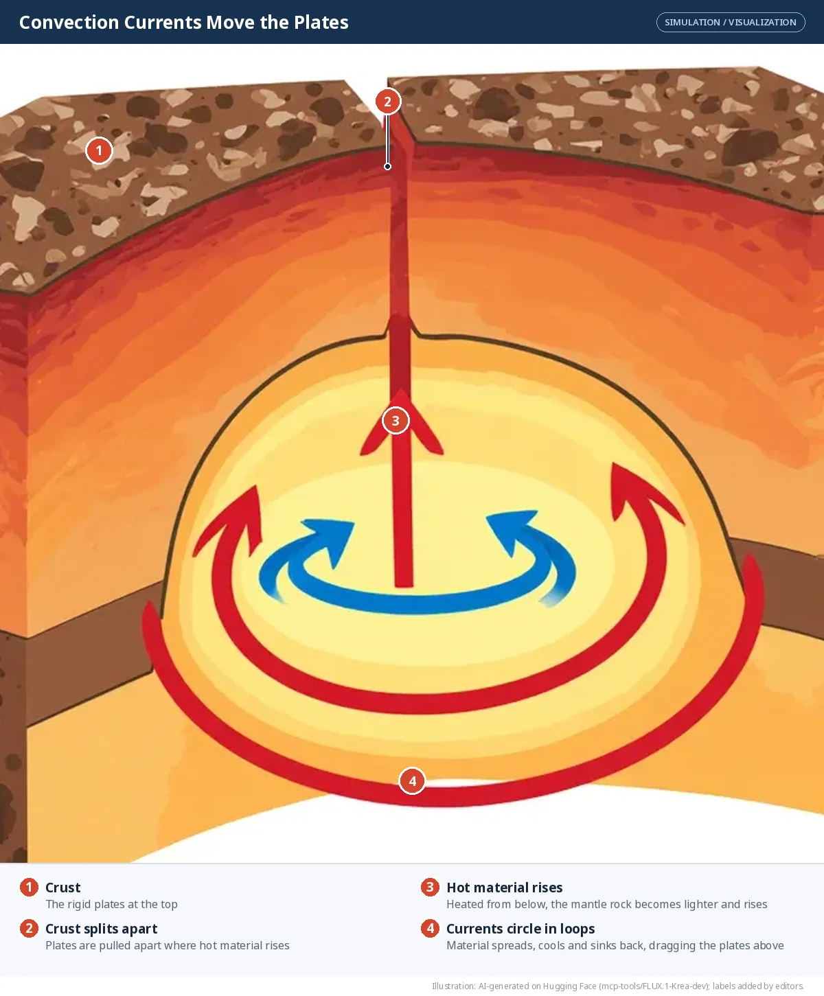 Hot material rising through the mantle and circling in loops beneath the crust, which splits apart above the rising current.