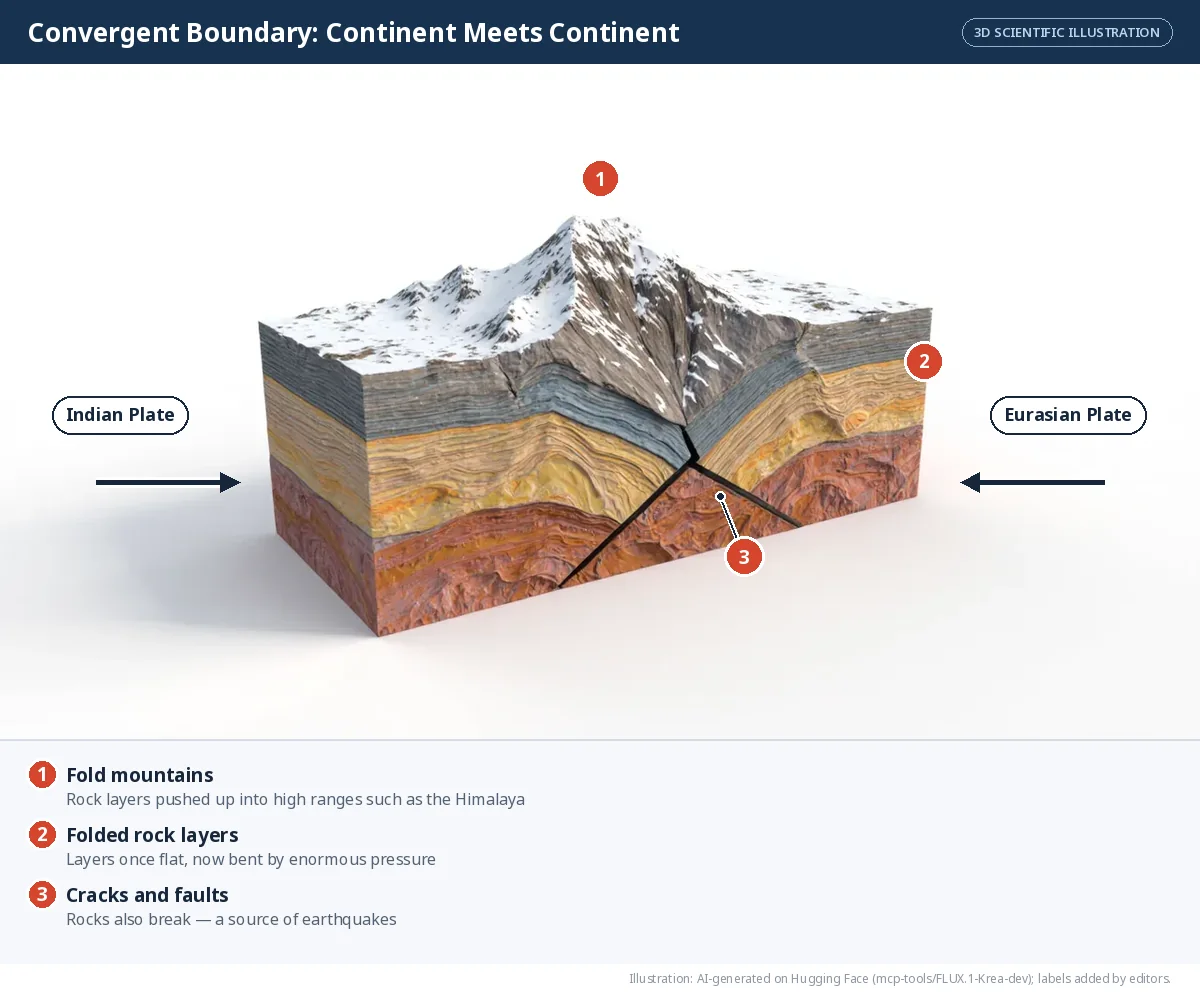 A 3D block of two landmasses pushing together, with rock layers crumpled up into snow-capped mountains.