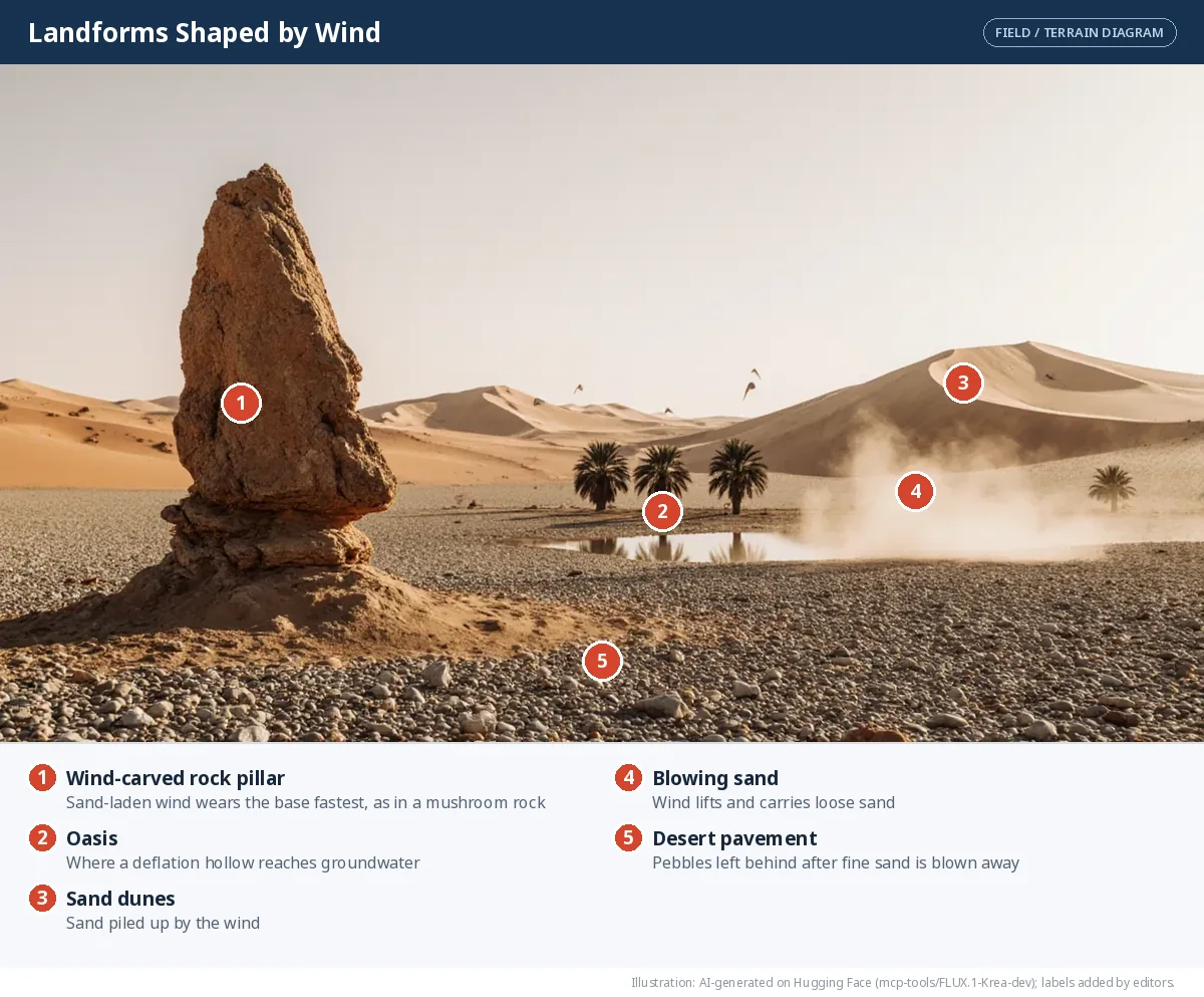 A desert with a wind-carved rock pillar, a pebble-covered plain, an oasis with palm trees, and sand dunes with sand blowing off them.