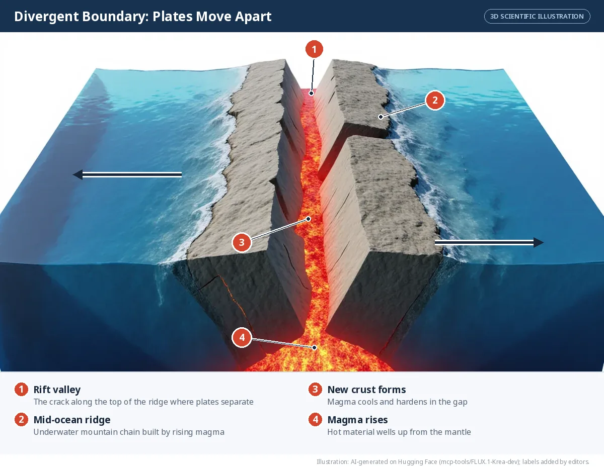 A 3D block of the ocean floor splitting apart along a ridge, with magma rising through the gap.