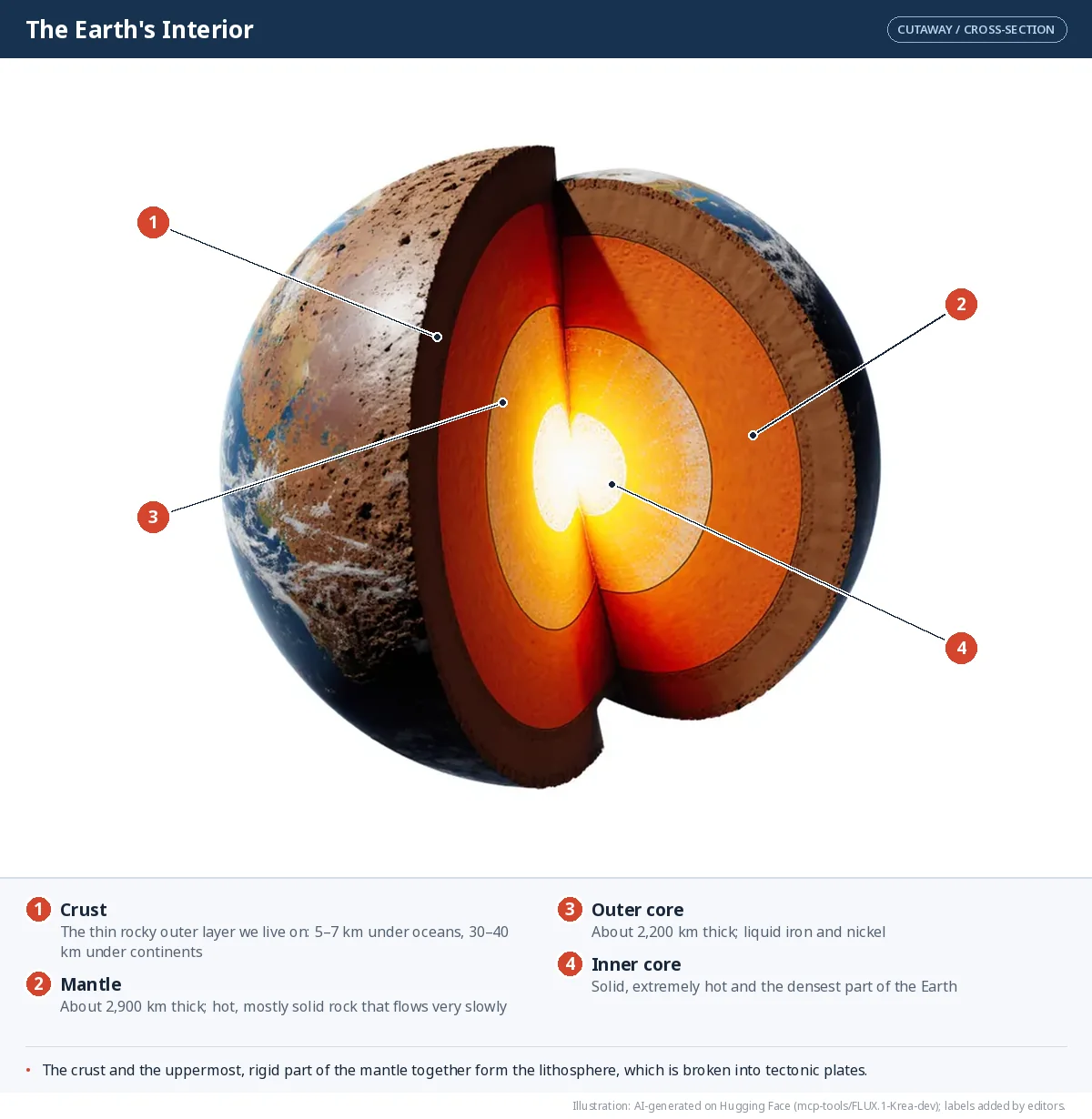 Planet Earth with a wedge cut out showing a thin crust, a thick mantle, a liquid outer core and a solid inner core.