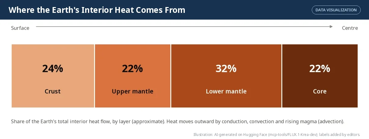A stacked bar of interior heat flow: crust 24 per cent, upper mantle 22 per cent, lower mantle 32 per cent, core 22 per cent.