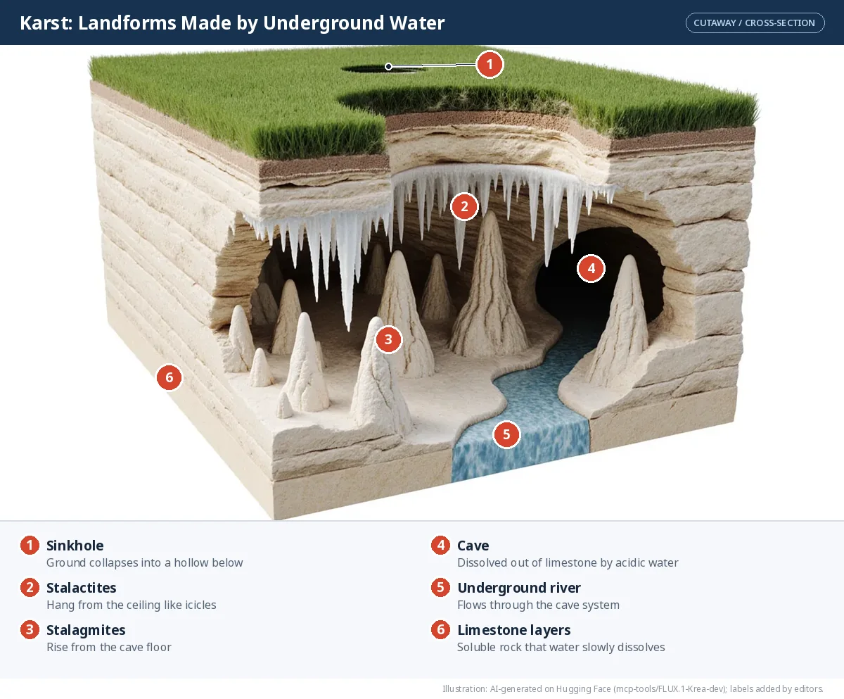 Cross-section of limestone with a sinkhole at the surface and a cave below containing stalactites, stalagmites and an underground river.
