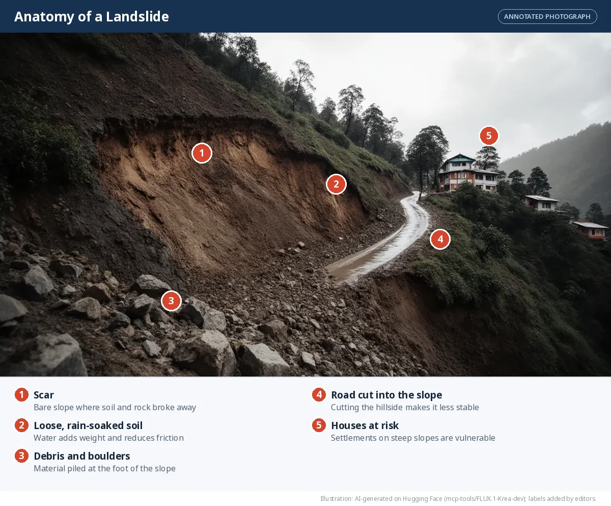 A steep hillside with a bare scar where soil slid down, burying a mountain road in mud and boulders.