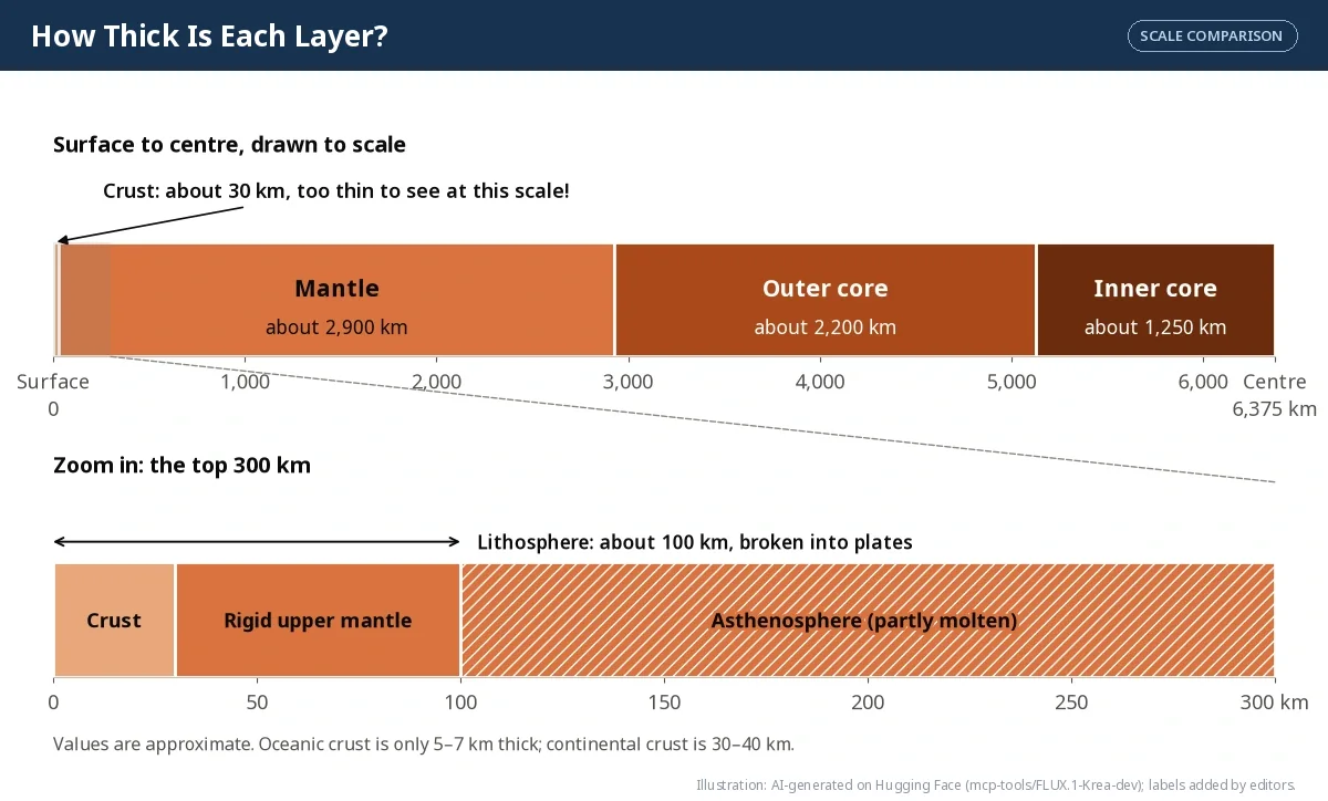 A bar drawn to scale from the Earth's surface to its centre, with a zoomed-in view of the top 300 km.