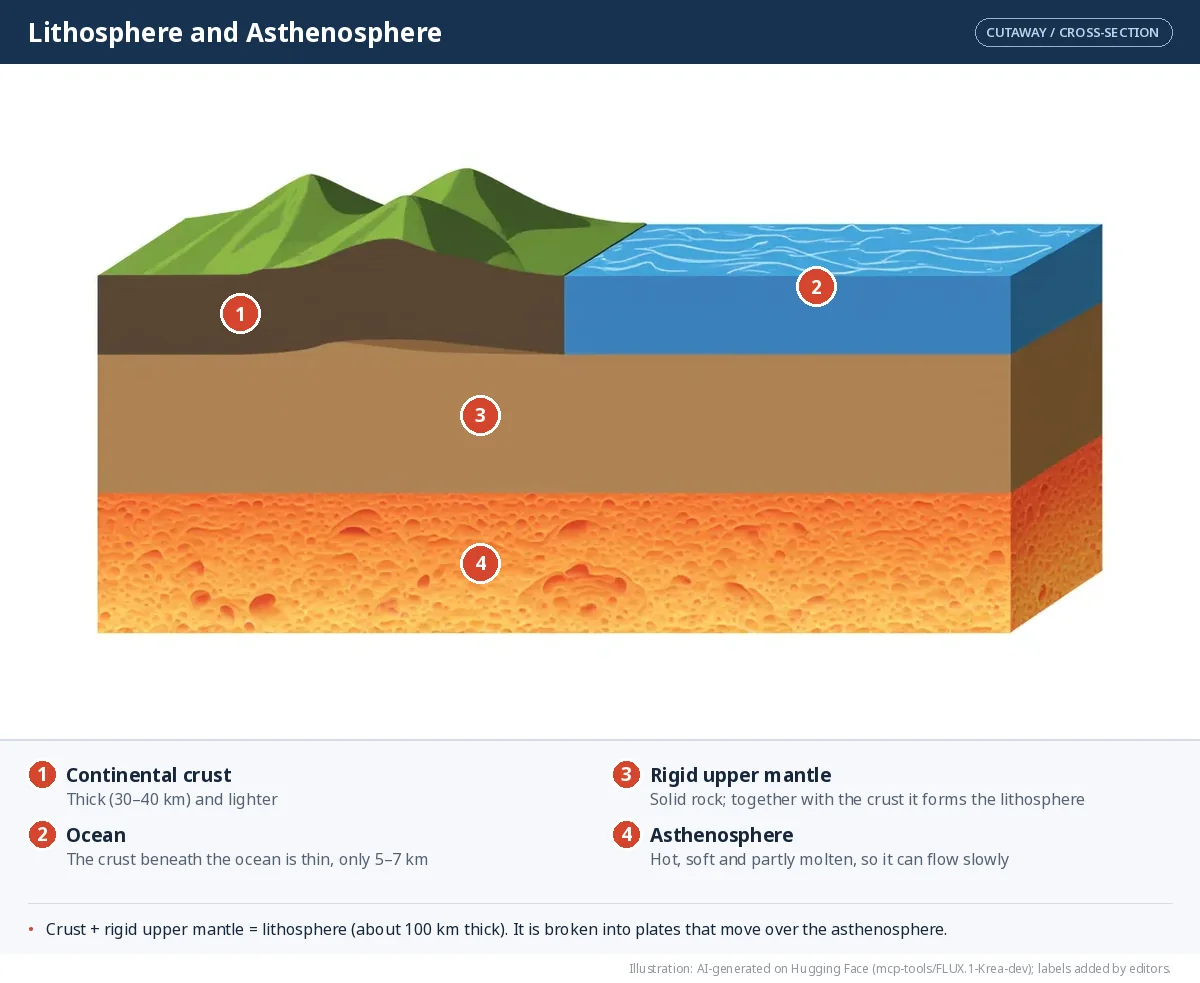 A cross-section block showing continental and oceanic crust on a rigid layer, above a glowing, partly molten layer.