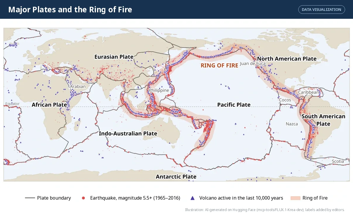 A world map with plate boundaries, the seven major plates named, earthquakes and volcanoes plotted, and the Ring of Fire highlighted.