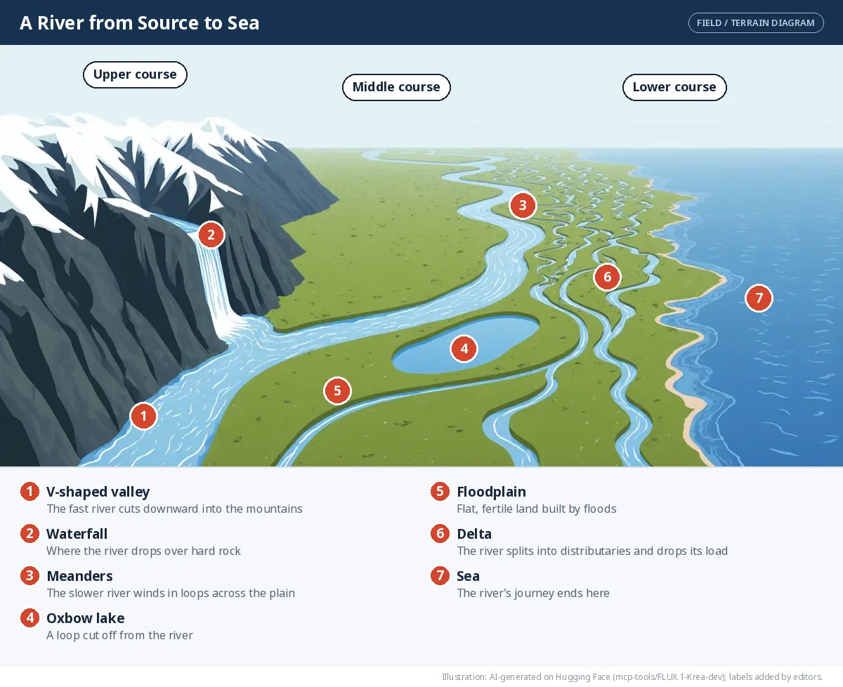 A river flowing from mountains with a waterfall, across a plain with meanders and a cut-off lake, to a delta at the sea.