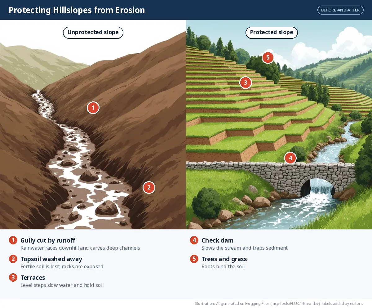 A hillside shown twice: bare and gullied on the left, terraced with a check dam and trees on the right.