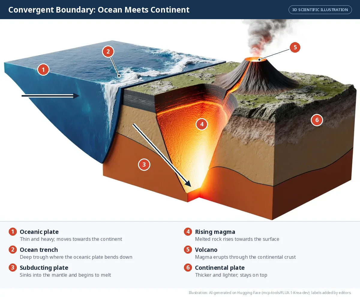 A 3D block with an ocean plate sinking under a continent at a deep trench, and magma rising to a volcano on land.