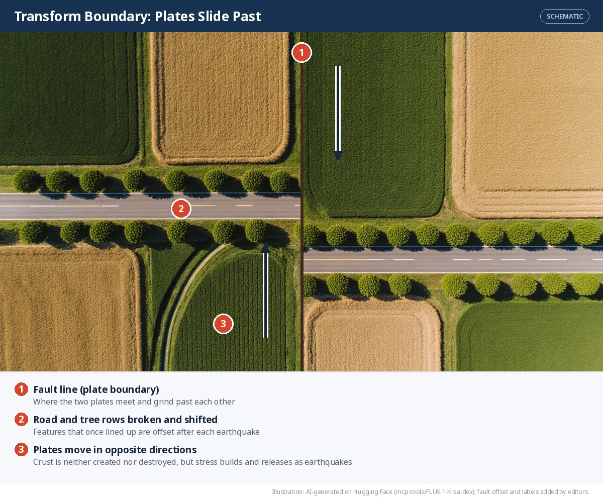 A top-down view of farmland cut by a straight fault line; the road and rows of trees are broken and shifted sideways where they cross it.