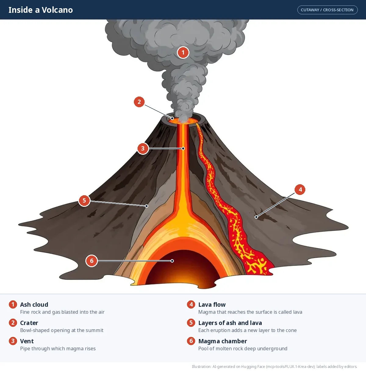 A volcano cut in half showing the magma chamber, vent, crater, ash cloud, lava flow and layers inside the cone.