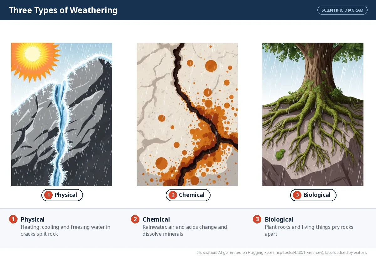 Three panels: a boulder split by ice and heat, a limestone rock dissolved by rain, and tree roots splitting a rock.
